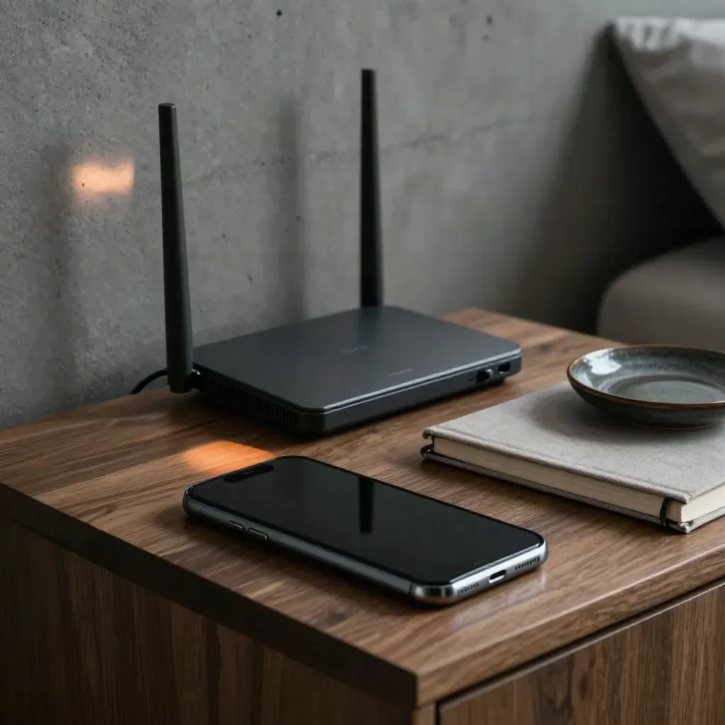 Een face-down smartphone, router, gesloten notitieboek en keramische schaal op een donker bijzettafeltje.