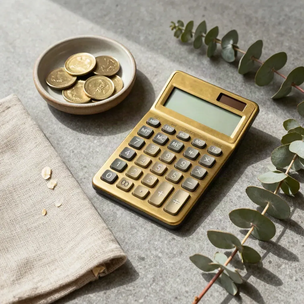 Bovenaanzicht van een koperen rekenmachine, muntschaaltje, linnen doek en eucalyptus op steen.