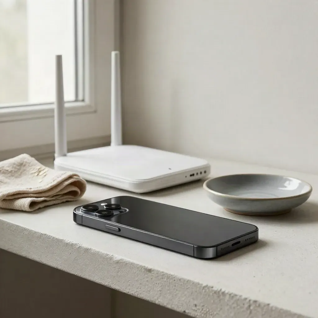 Smartphone, router, doek en keramisch schaaltje op een lichte plank in zacht raamlicht.