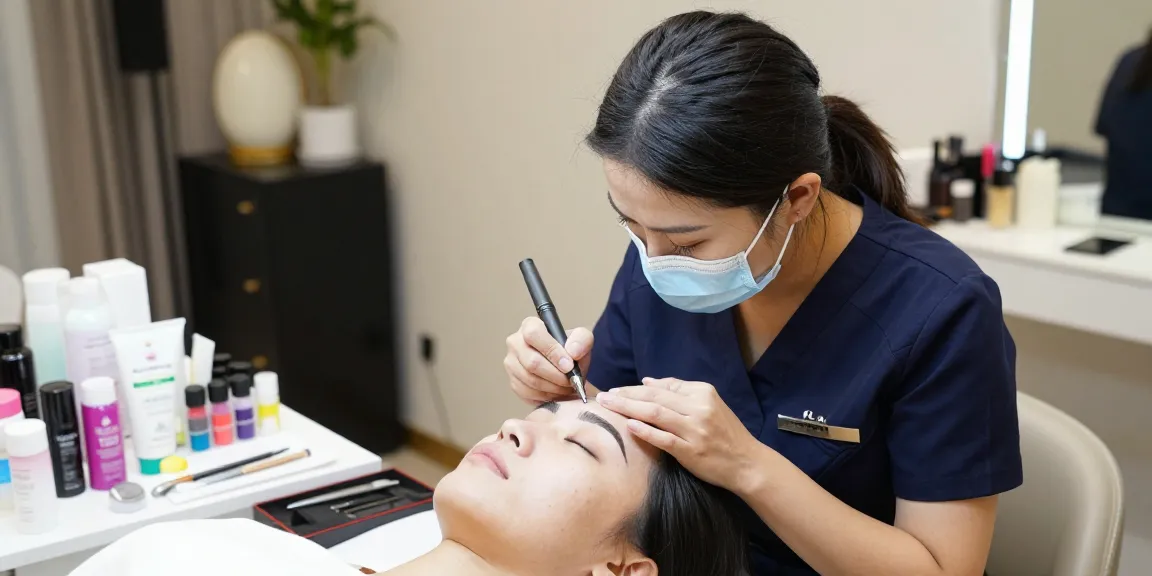 Klant ontvangt applicatie van permanente make-up wenkbrauwen in een stijlvol schoonheidssalon.