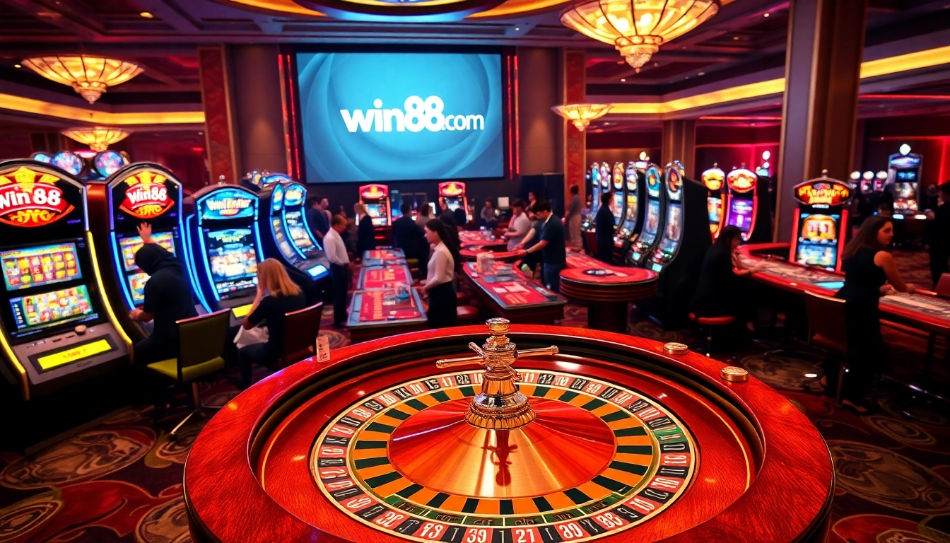 Players enjoying thrilling games at win88.com casino with roulette and slot machines.