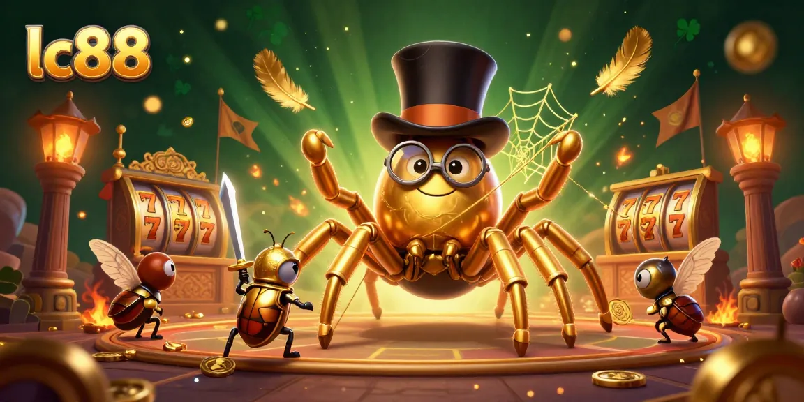 lc88 showcases a vibrant 3D scene featuring a giant golden tarantula and beetle knight amidst casino elements
