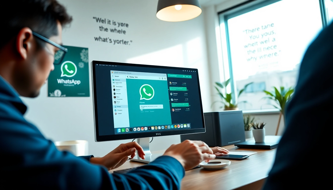 在现代桌面设置中使用 WhatsApp Web，展示消息界面与专业元素。