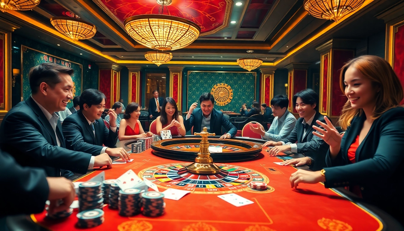 Players enjoying an intense game bài at a luxurious casino table filled with poker chips.