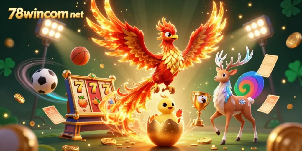 Experience thrilling slots and sports at 78wincom net, featuring a majestic phoenix, baby phoenix, and mystical stag.