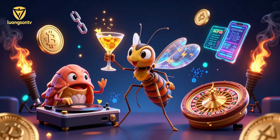 Experience exciting betting at luongsontv with a vibrant casino scene featuring a cartoon insect mascot.
