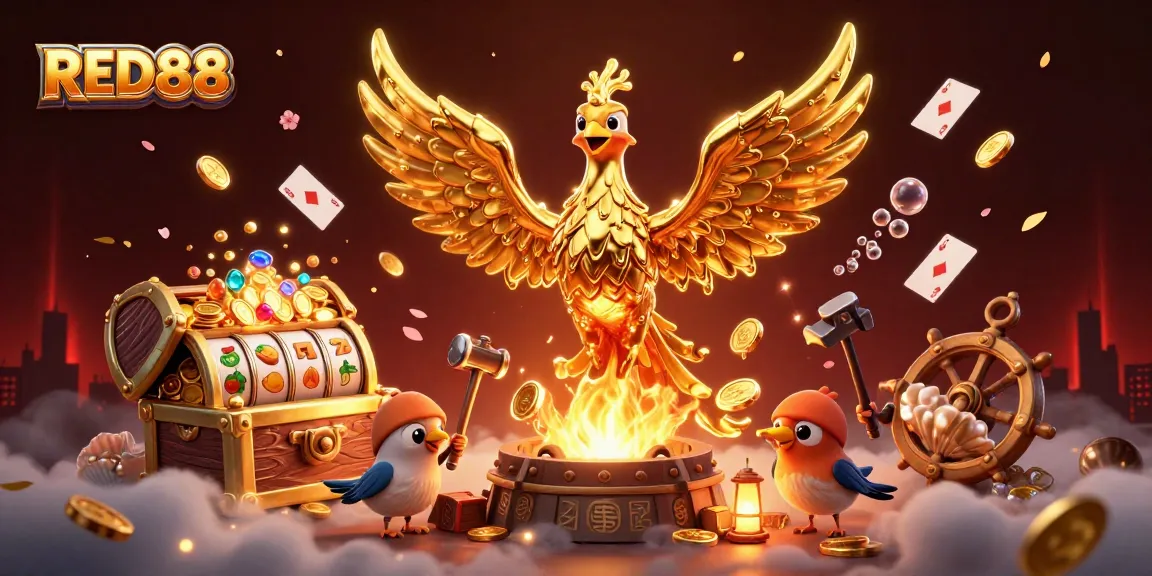 Engage with RED88 in a vibrant casino setting featuring molten phoenix, spinning slot reels, and treasures.