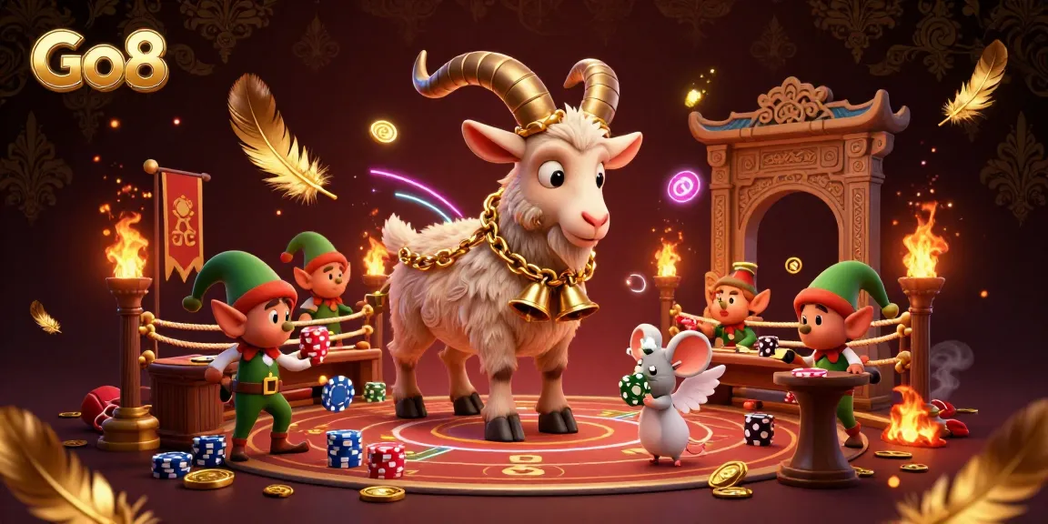 Engage in thrilling casino action with Go8, featuring a chaotic scene of festive characters amidst vibrant gambling elements.