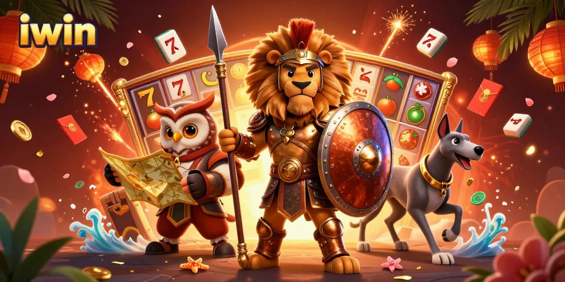 Engage with iwin's thrilling slot reels, featuring a heroic lion, owl strategist, and greyhound messenger.