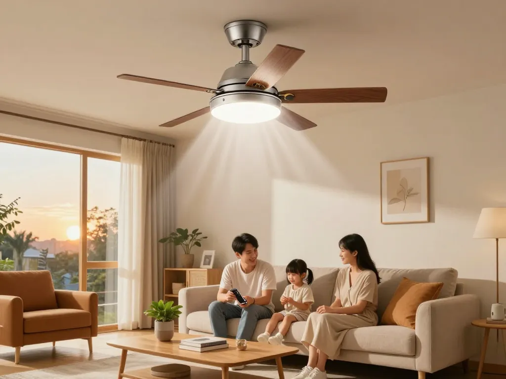 Stijlvolle woonkamer met een ventilatorlamp met afstandsbediening, die een gezellige gezinsbijeenkomst toont.