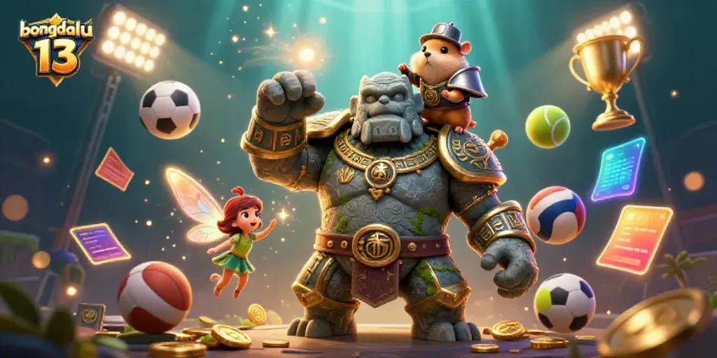 Bongdalu 13 showcasing a 3D dynamic scene with a golem, a fairy, and a hamster knight amidst sports elements.