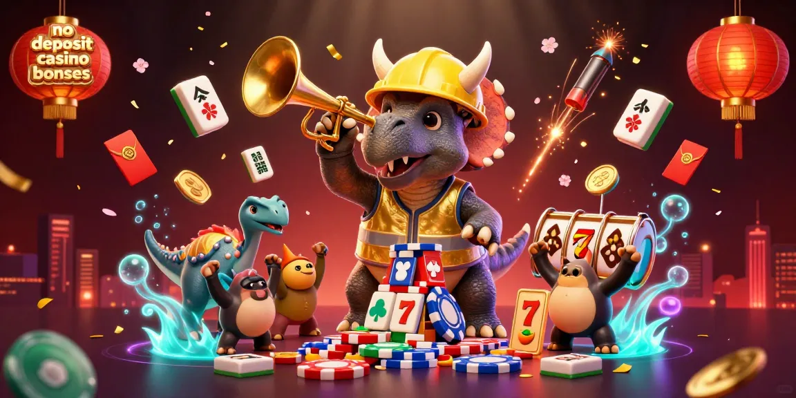 No deposit casino bonuses illustrated with a triceratops and celebratory character scene