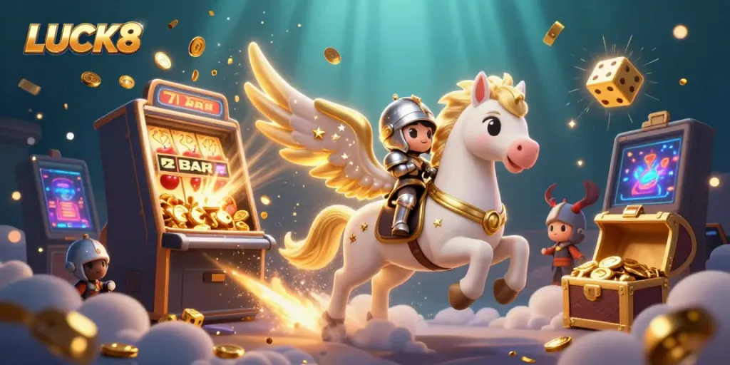 Experience the thrill of LUCK8 with a dynamic scene of a celestial horse and knight amidst casino wonders.