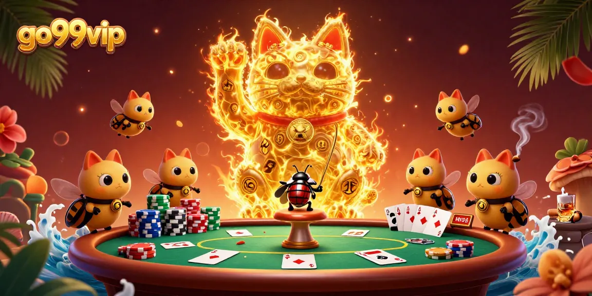 Experience excitement with go99vip's lively illustration of a golden lucky cat and casino symbols.