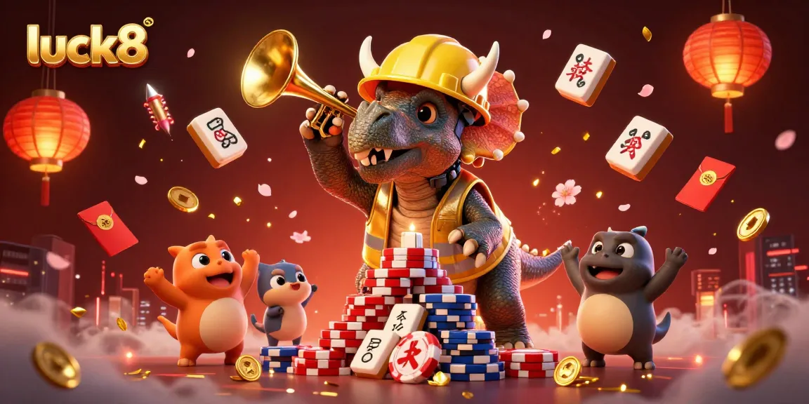 Experience the festive excitement of luck8 with a cartoon triceratops building a poker chip pyramid amid cheerful celebration.
