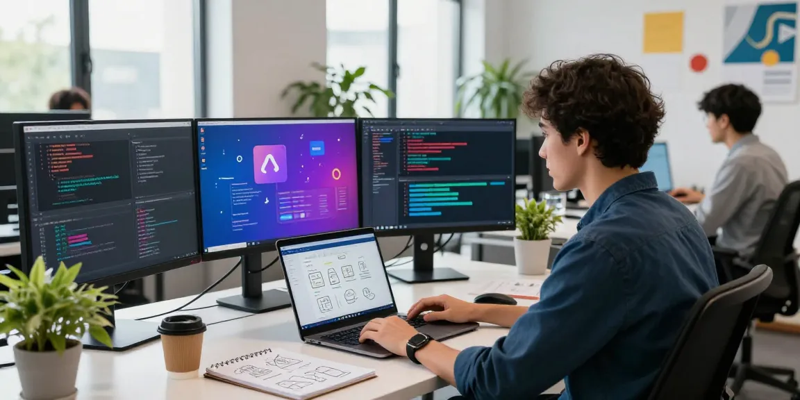 Building internal tools with AI in a vibrant software development workspace showcasing dual monitors and collaborative props.