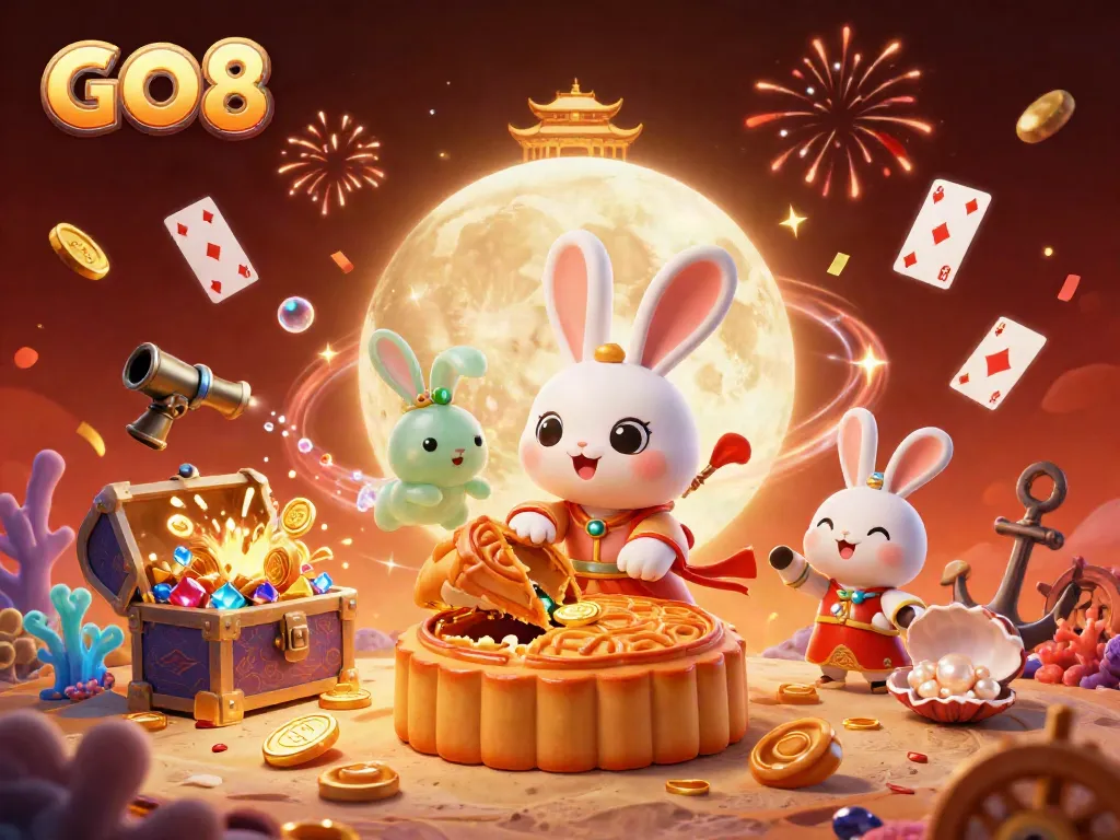 Engage with thrilling GO8 casino action featuring a mythical moon rabbit amidst vibrant gambling elements.