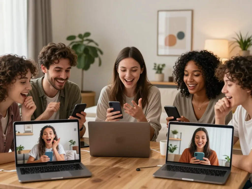 Engaging group in an exciting sex chat on various devices in a cozy setting.