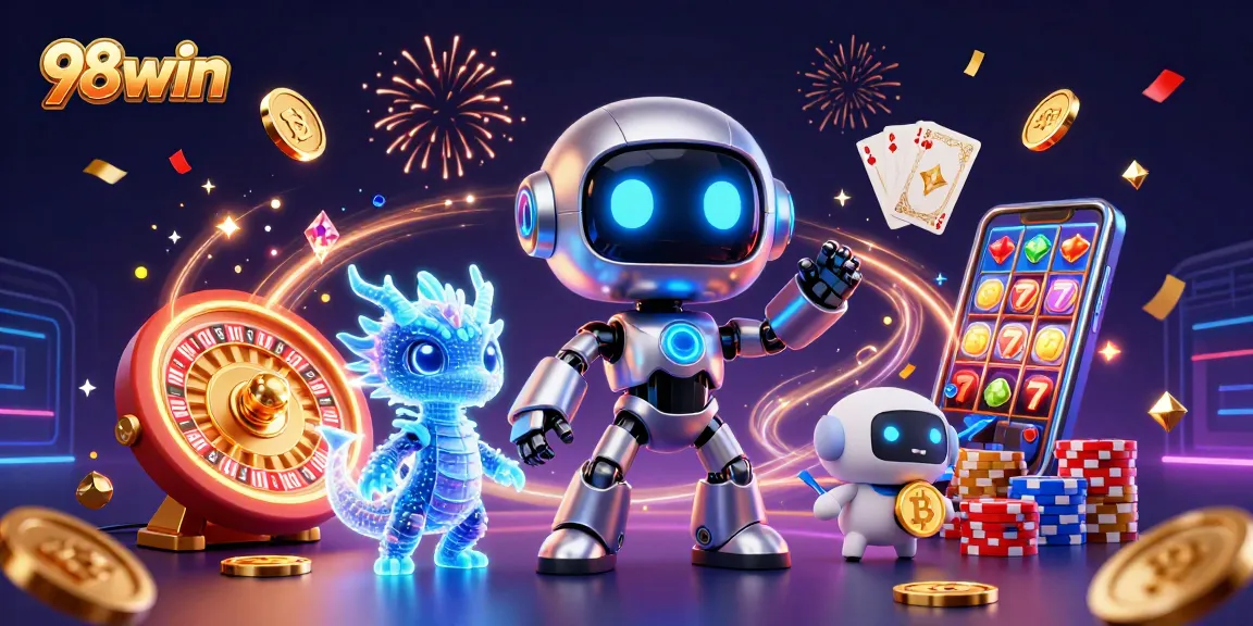 98win showcases an energetic scene with a cyberpunk robot, holographic dragon, and bitcoin drone, surrounded by casino elements.