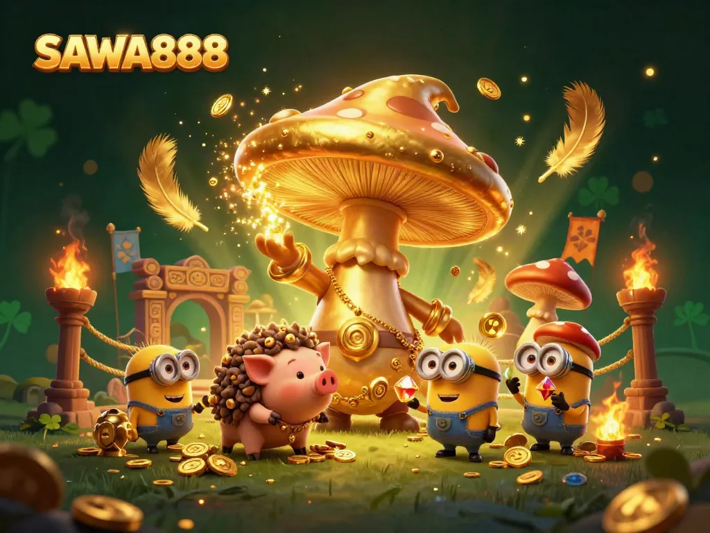 Experience the magic of SAWA888 with a golden mushroom wizard, treasure-hunting pig, and sparkling casino elements.