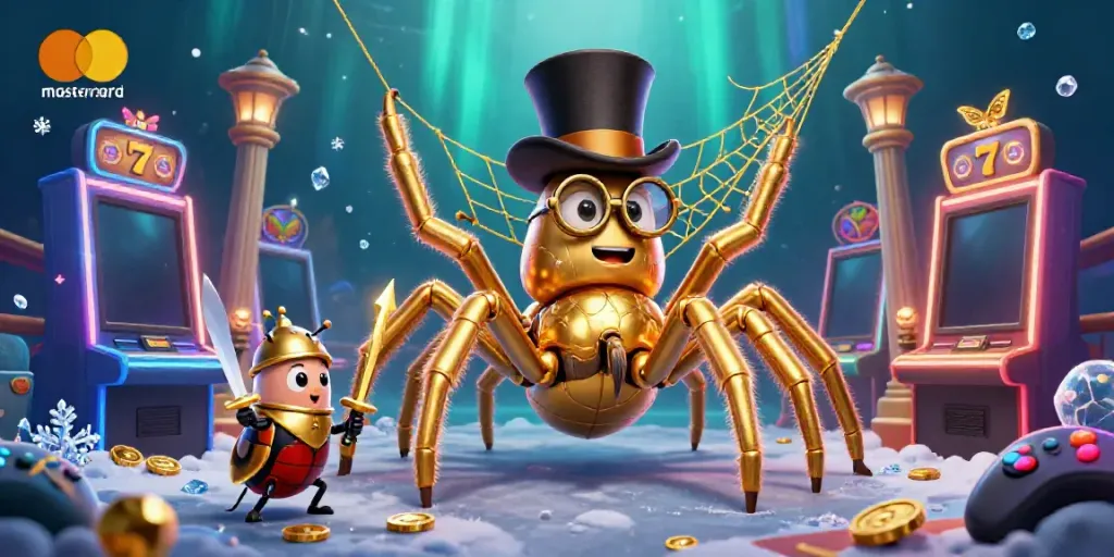 Experience the vibrant action of a mastercard casino with a golden tarantula and beetle knight in a thrilling scene.
