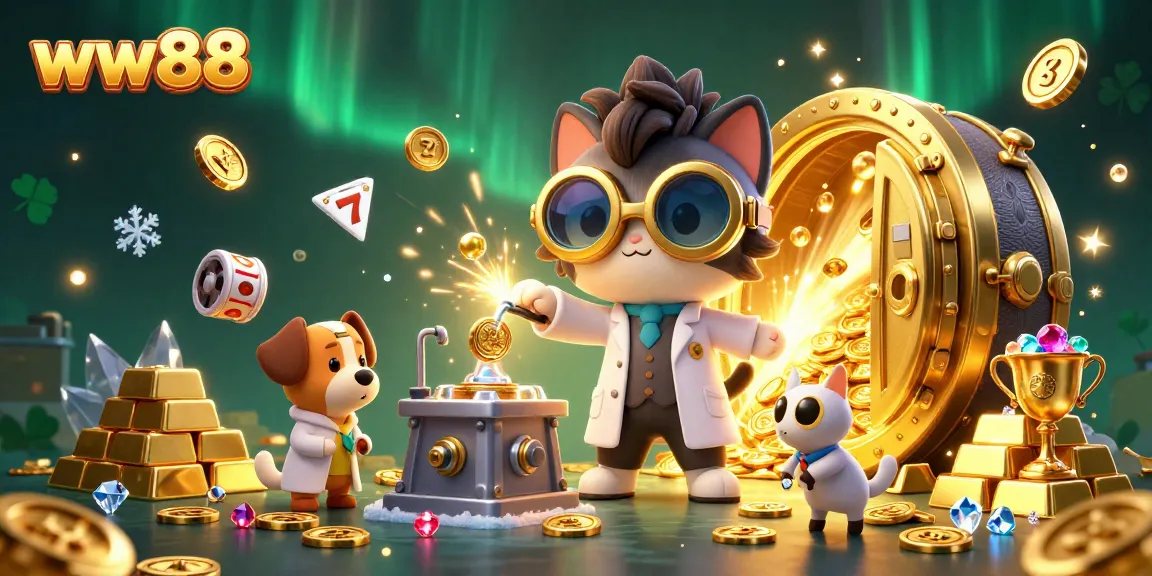 Experience thrilling jackpots at ww88 with a mad scientist cat creating coins amidst treasure.