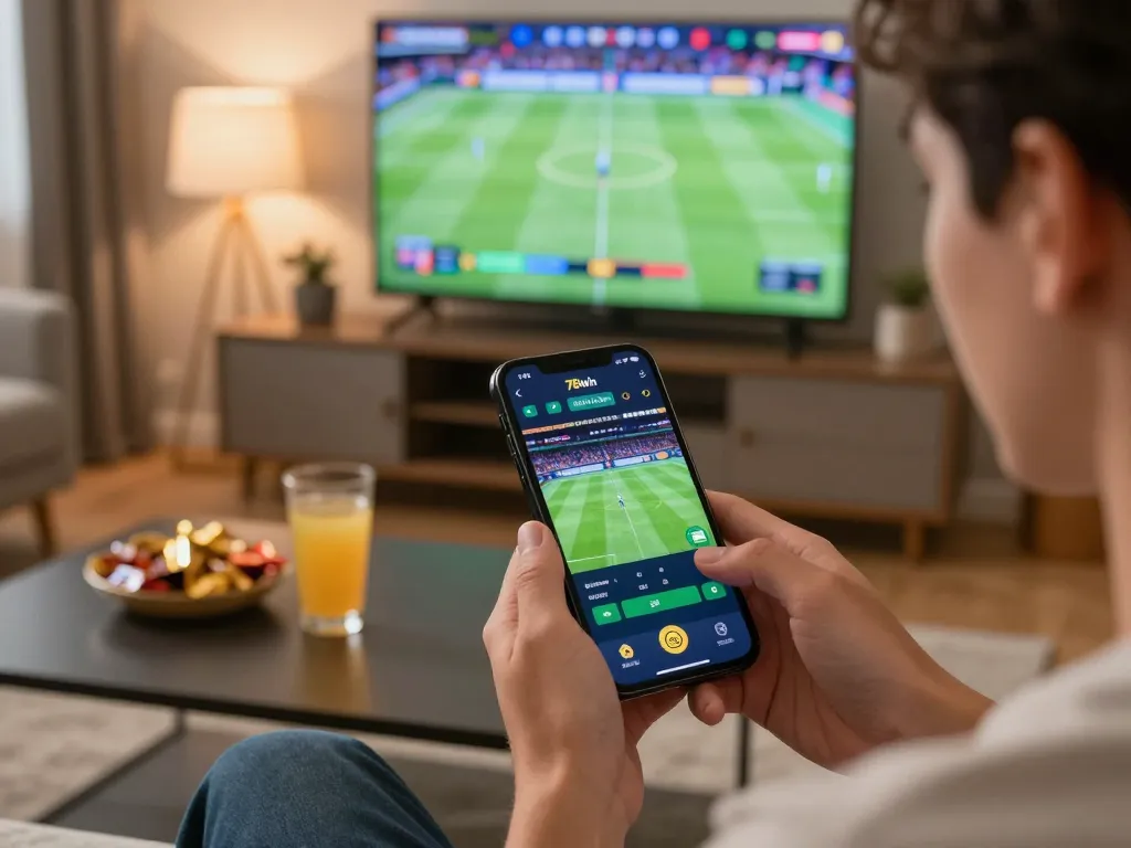 Engaging gaming moment with 78win app for sports betting in a cozy living room setting.