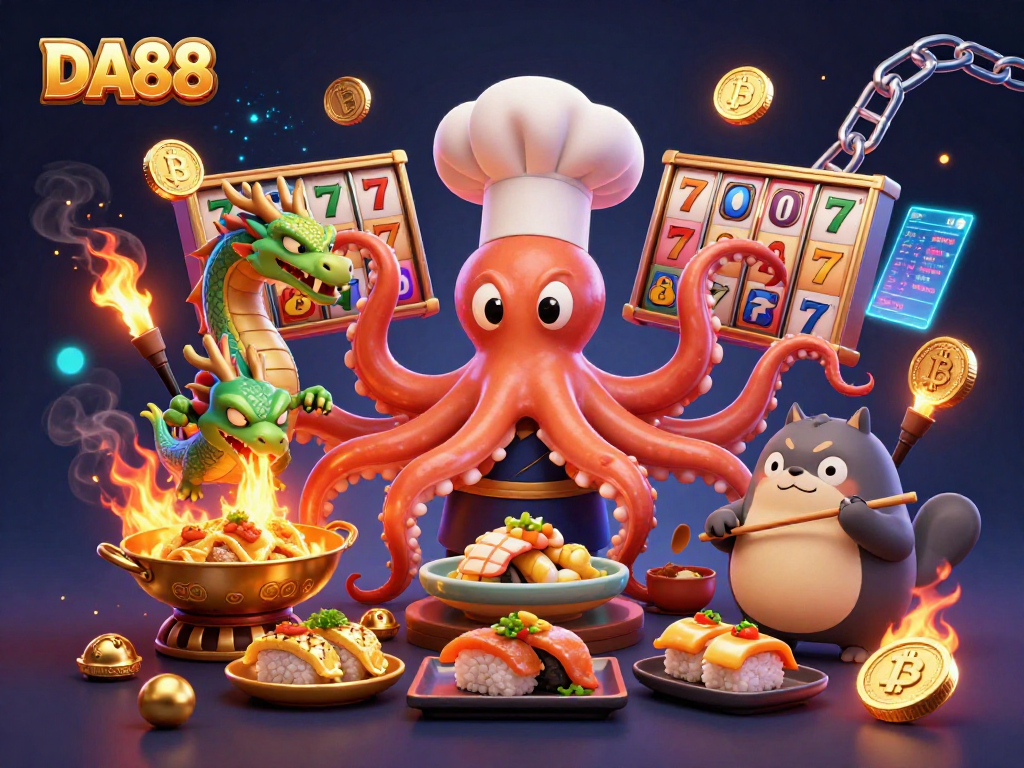 DA88 showcases a vibrant casino scene with an octopus chef and a dragon, spinning slot reels and crypto coins.