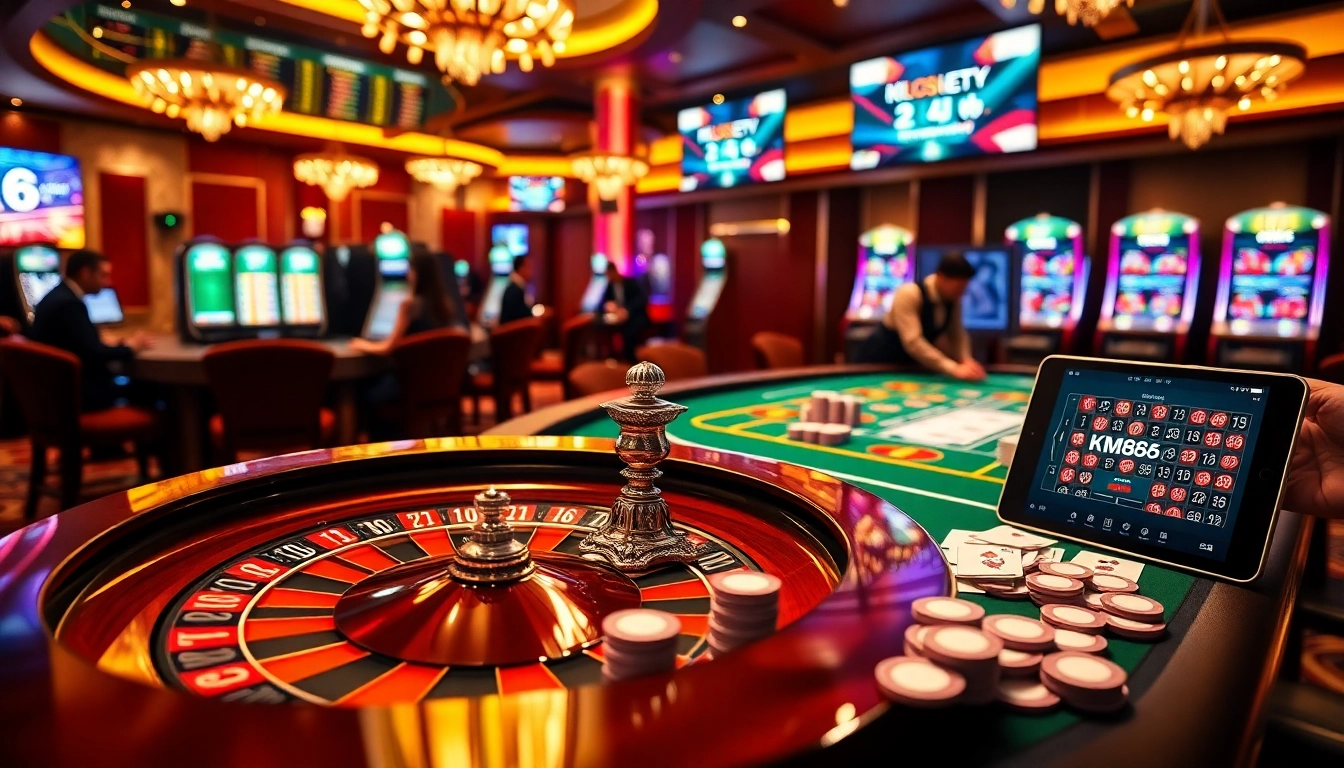 Experience the excitement of online gambling at https://km88link.com/ with vibrant casino scenes showcasing roulette and poker.