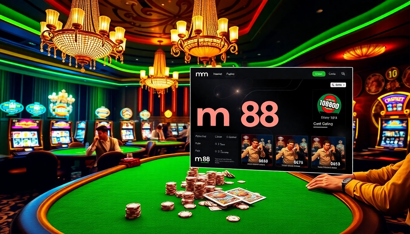 Experience the thrill of gambling with mm 88's vibrant casino scene featuring elegant tables and excited players.
