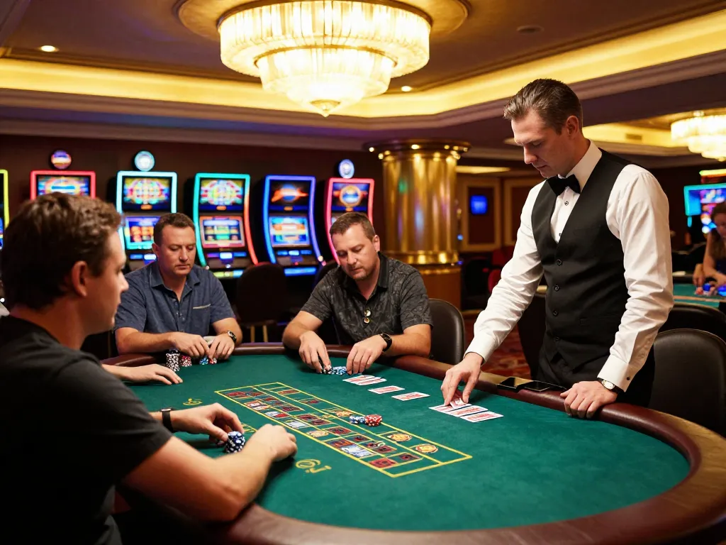 Players intensely engaged at a blackjack table on the casino floor, showcasing the excitement of TX88 betting strategies