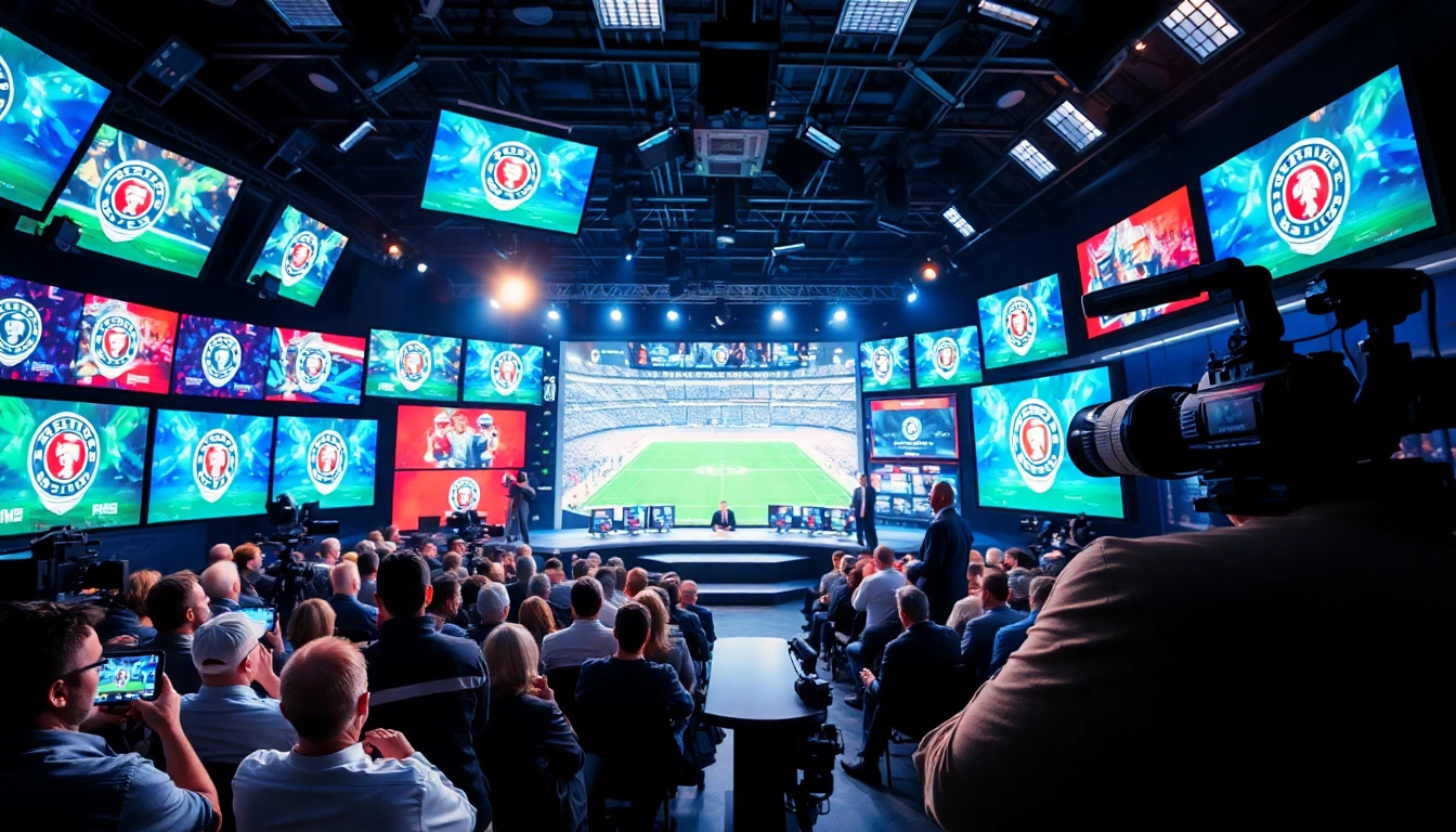 Engaging sports broadcasting scene with a dynamic studio atmosphere.