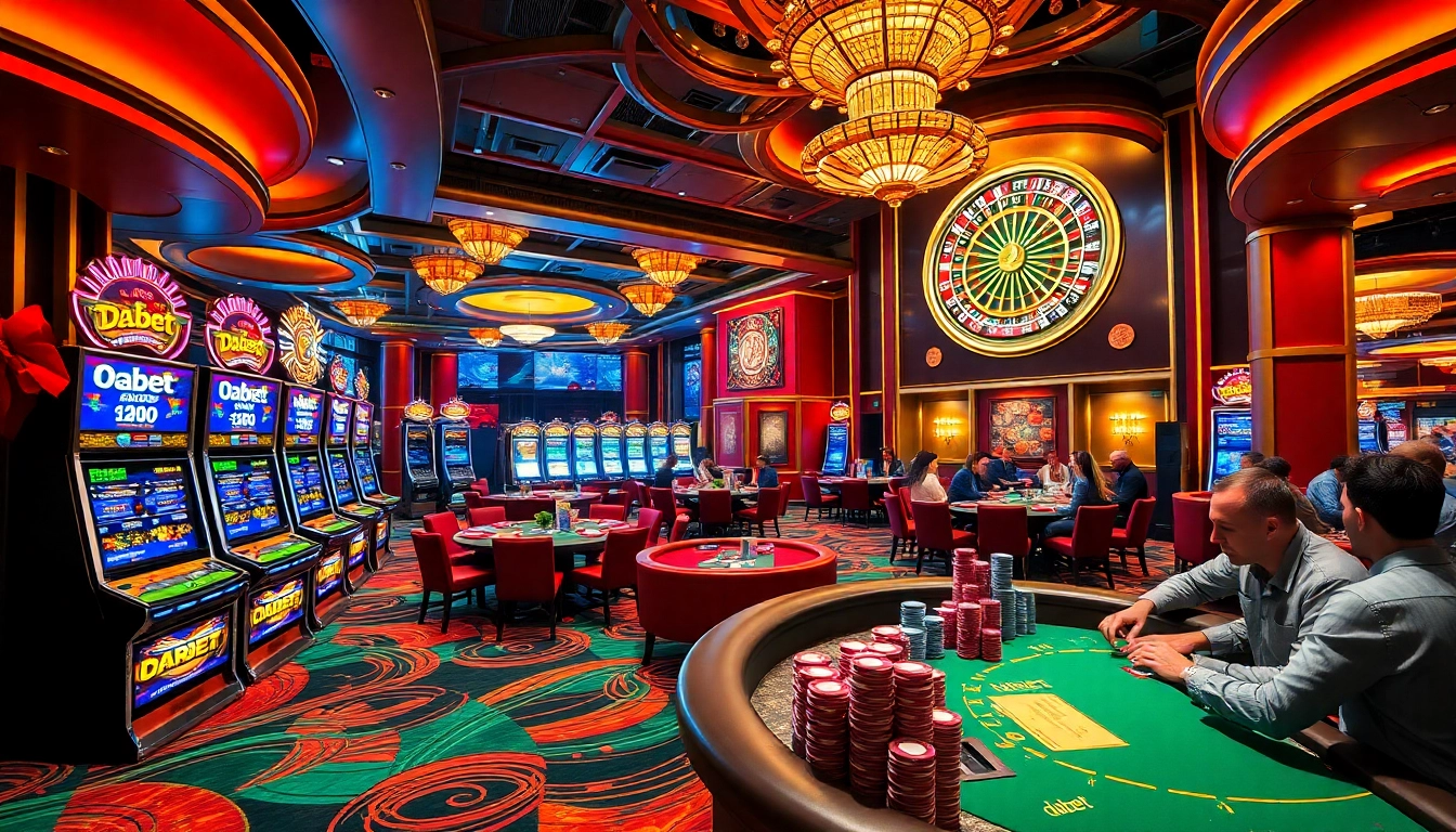Players enjoying various games at Dabet's luxurious casino, showcasing excitement and thrill of gambling.