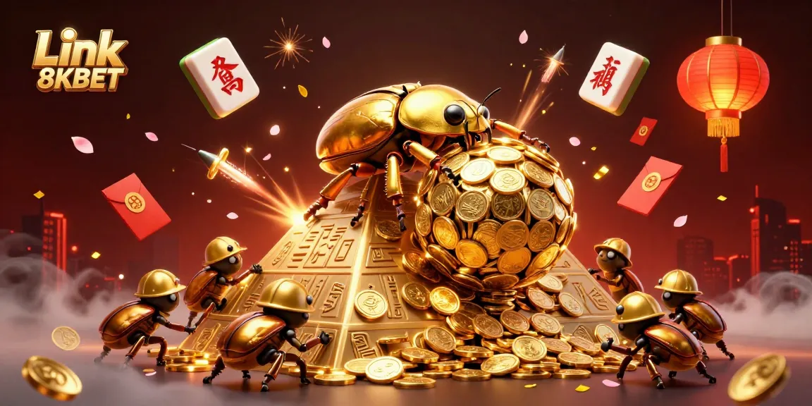 Spin to win with Link 8KBET as golden beetles showcase casino rewards in vibrant 3D.