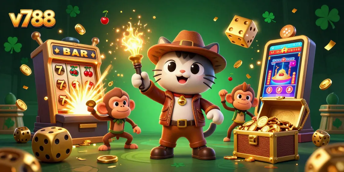 Experience thrilling casino adventures with v788, showcasing a cat archaeologist and a jackpot explosion.