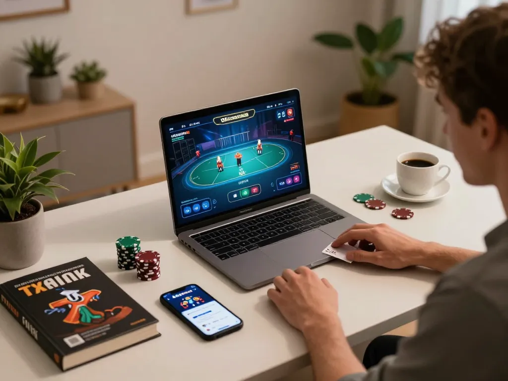 Engaged player at tx88casino online poker game, showcasing strategic gameplay in a comfortable home setup