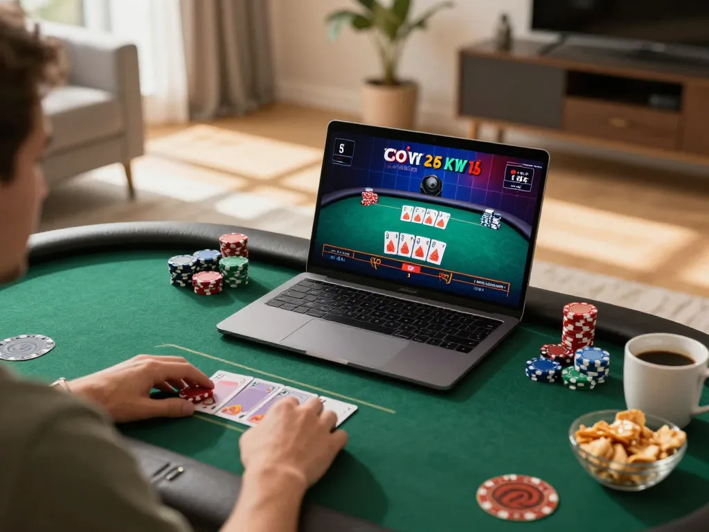max88 player strategizing online poker with a laptop in a cozy home setting