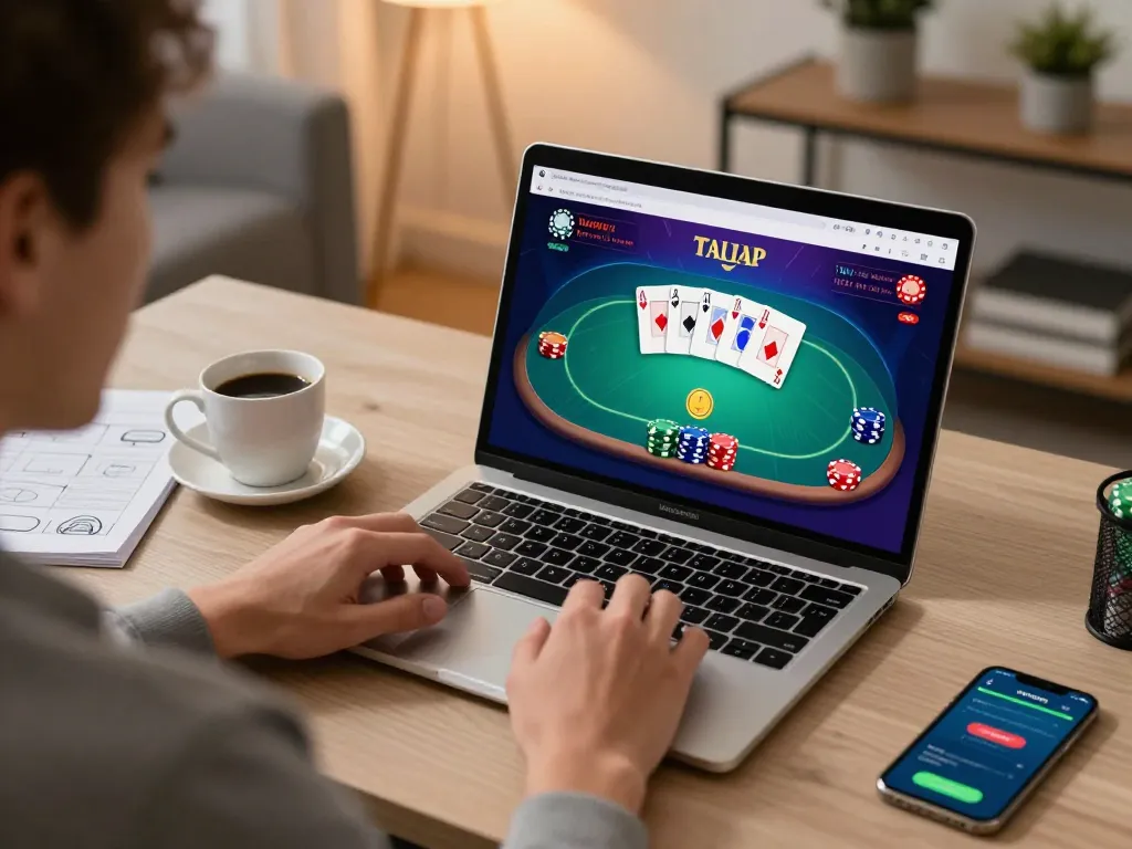 Play poker online with 9bet on a laptop, showcasing cards and chips with a cozy home setup.