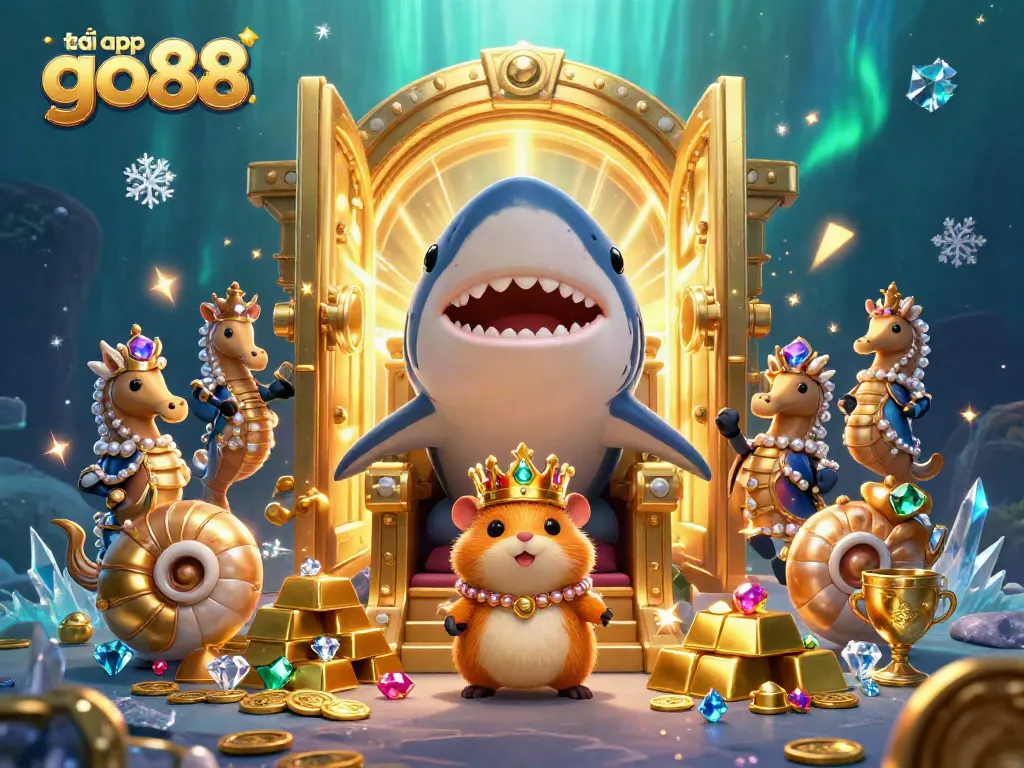 Play and experience the excitement of tải app go88 in this vibrant casino-themed illustration, showcasing energetic characters amidst golden treasures.