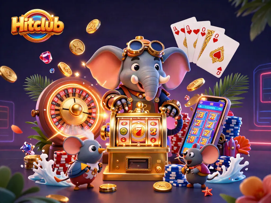 Spin the reels and win at Hitclub with steampunk-themed characters in a dynamic casino scene.