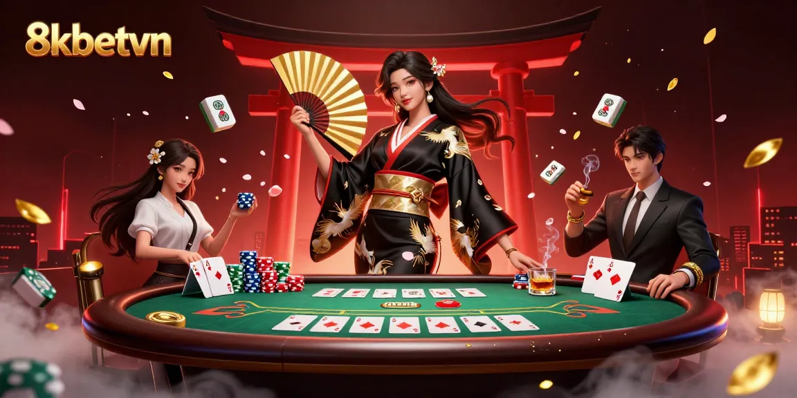 Engage with exciting gameplay at 8kbetvn featuring lively casino elements and a stunning Asian character.