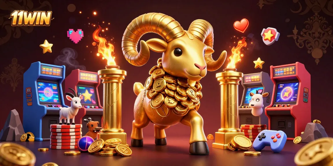 Engage with 11WIN's vibrant virtual casino scene depicting a golden ram charging through a dynamic arcade.