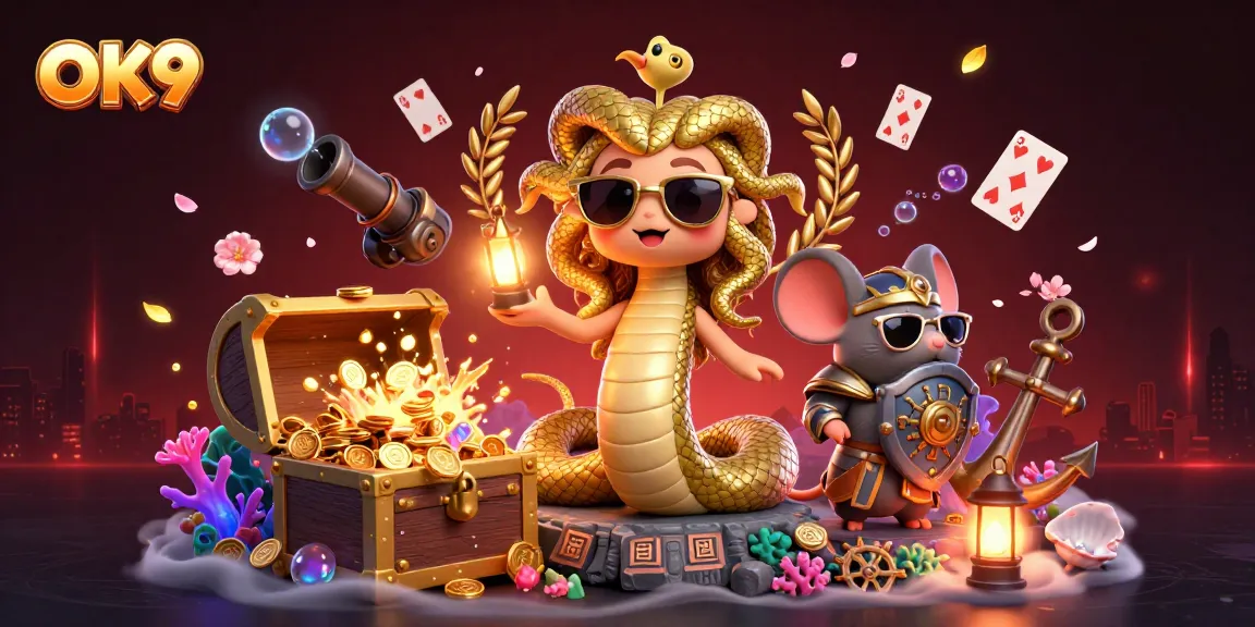 Engage with OK9's lively casino gaming scene featuring Medusa, a warrior mouse, and dynamic elements.