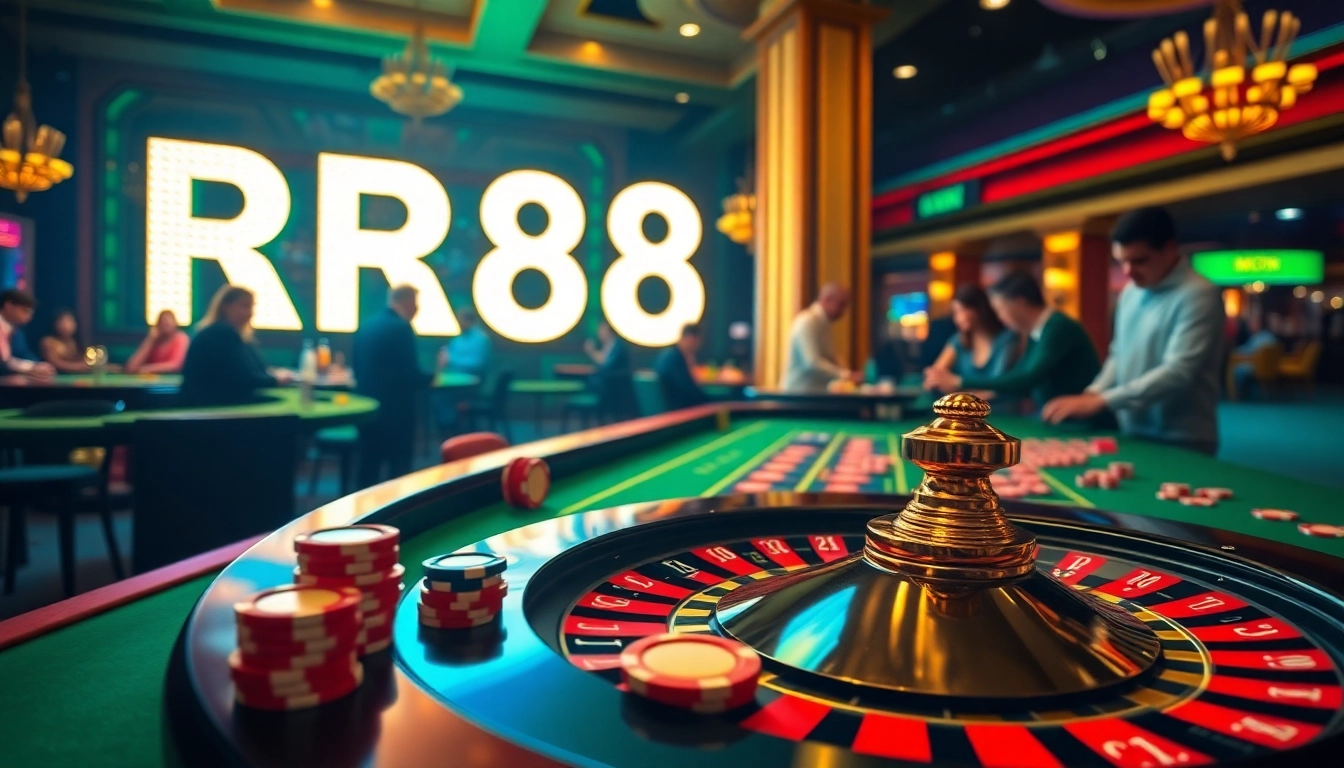 Engaging gamblers using the RR88 link in an opulent casino setting with roulette and poker.