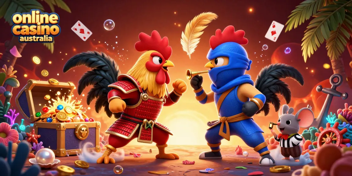 Engage in the thrilling atmosphere of online casino Australia with dynamic fighting roosters and vibrant gaming elements.