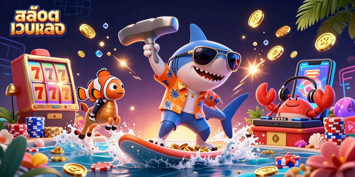 Experience exciting สล็อตเว็บตรง gameplay with a cartoon hammer-head shark and vibrant casino elements.
