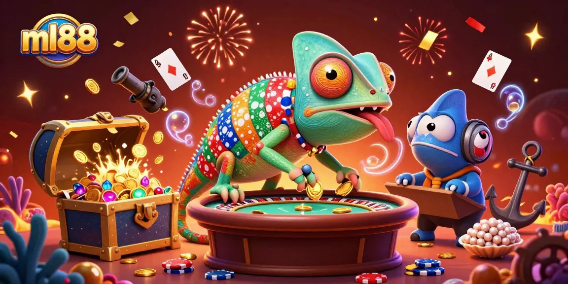 Experience the thrill of ml88 as a colorful chameleon casino owner amidst gold coins and vibrant games.