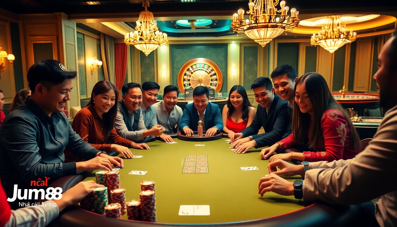 Exciting poker game at Nhà cái Jun88, featuring vibrant chips and engaged players.