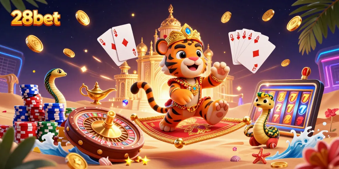 Experience the magic of 28bet with a royal flush and vibrant casino elements in a thrilling 3D scene.