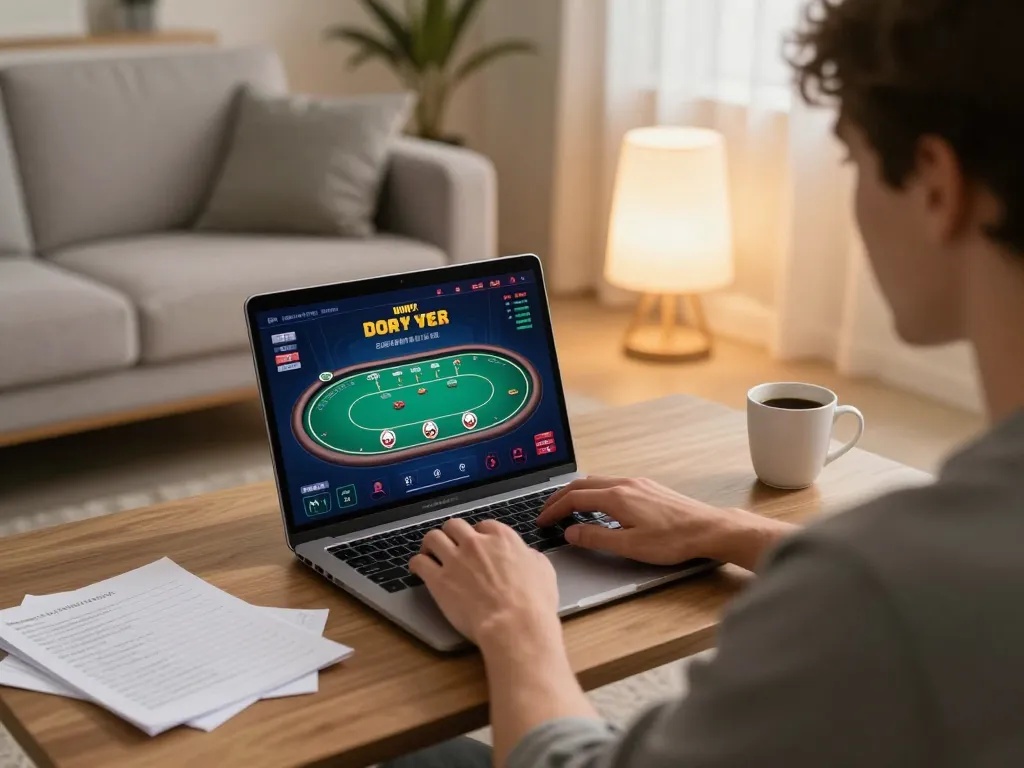 Player enjoying o8 casino gaming on a laptop in a cozy living room, highlighting online poker